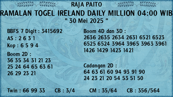 Prediksi Ireland Daily Million 04:00 WIB
