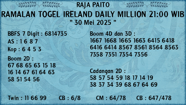 Prediksi Ireland Daily Million 21:00 WIB