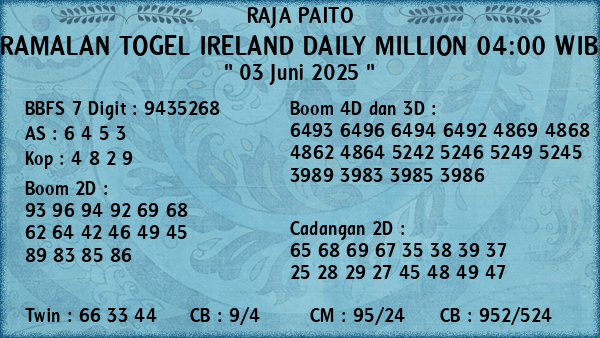 Prediksi Ireland Daily Million 04:00 WIB