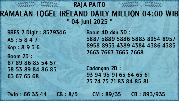 Prediksi Ireland Daily Million 04:00 WIB