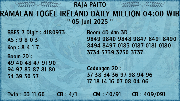 Prediksi Ireland Daily Million 04:00 WIB