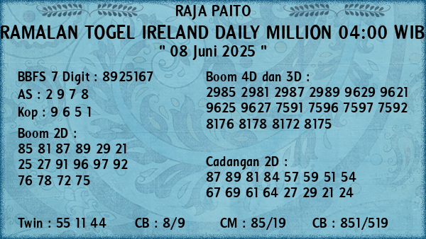 Prediksi Ireland Daily Million 04:00 WIB