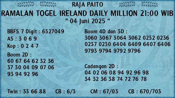 Prediksi Ireland Daily Million 21:00 WIB