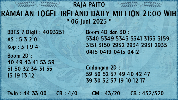 Prediksi Ireland Daily Million 21:00 WIB
